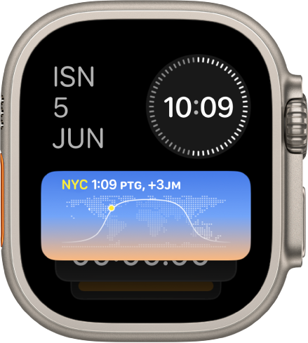 Tindanan Pintar pada Apple Watch Ultra menunjukkan tiga widget: Hari dan tarikh di bahagian kiri atas, masa digital di bahagian kanan atas dan Jam Dunia di bahagian tengah.