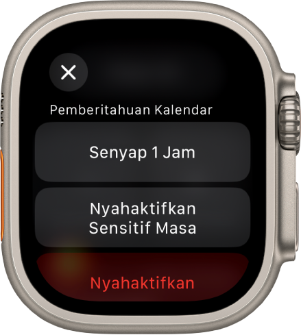 Seting pemberitahuan pada Apple Watch. Butang atas tertera "Senyapkan 1 Jam”. Di bawah ialah butang untuk Nyahaktifkan Sensitif Masa dan Nyahaktifkan.