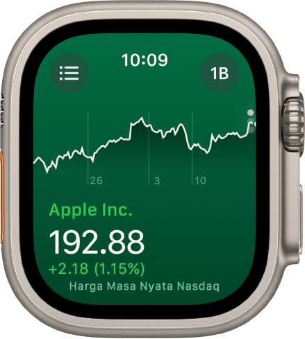 Maklumat tentang saham dalam app Saham. Graf besar menunjukkan kemajuan saham untuk lebih daripada satu bulan kelihatan di bahagian tengah skrin.
