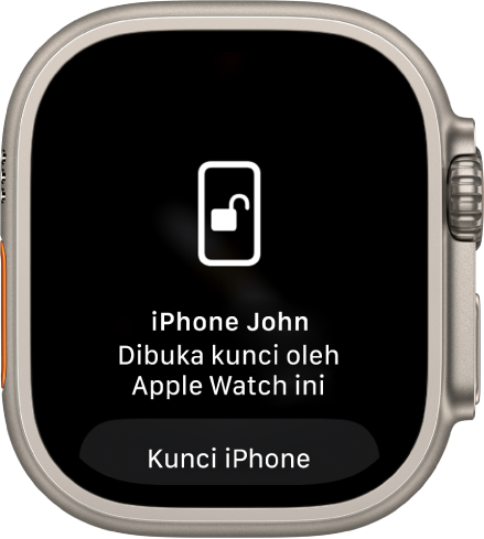 Skrin Apple Watch menunjukkan perkataan, “iPhone John Dibuka Kunci oleh Apple Watch ini”. Butang Kunci iPhone terletak di bawah.