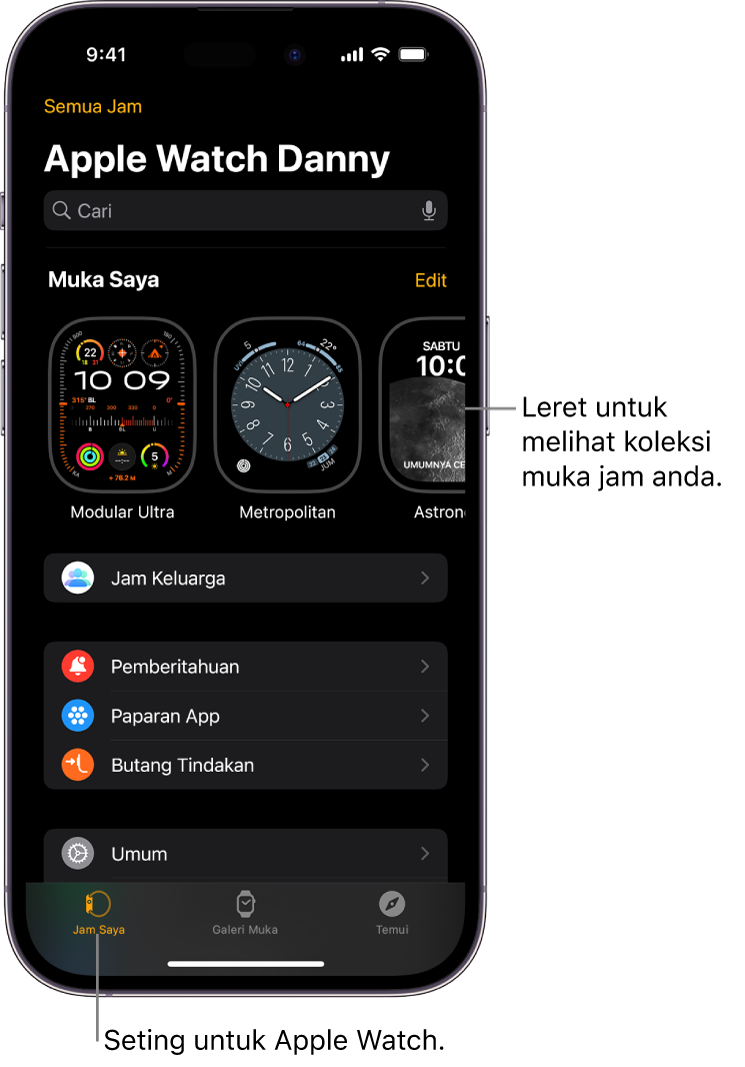App Apple Watch pada iPhone membuka skrin ke Jam Saya, yang menunjukkan muka jam anda berhampiran bahagian atas dan seting di bawah. Terdapat tiga tab di bahagian bawah skrin app Apple Watch: tab kiri ialah Jam Saya, yang anda gunakan untuk pergi ke seting Apple Watch; seterusnya ialah Galeri Muka, yang anda boleh terokai muka jam dan komplikasi tersedia; kemudian Temui, yang anda boleh mengetahui dengan lebih lanjut tentang Apple Watch.