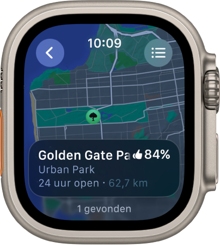 De Kaarten-app met een kaart van Golden Gate Park in San Francisco en een beoordeling voor het park, de openingstijden en de afstand vanaf je huidige locatie. Rechtsbovenin staat de knop 'Routes'. Linksbovenin bevindt zich de terugknop.