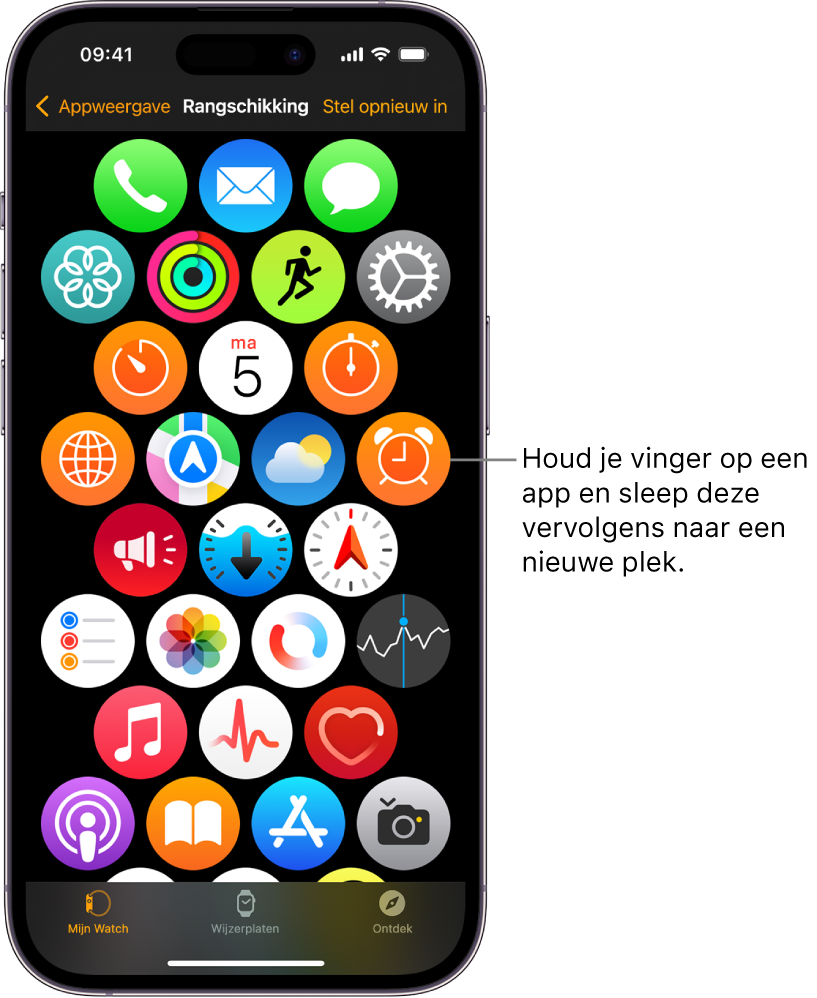Het scherm 'Rangschikking' in de Apple Watch-app toont een raster met apps.
