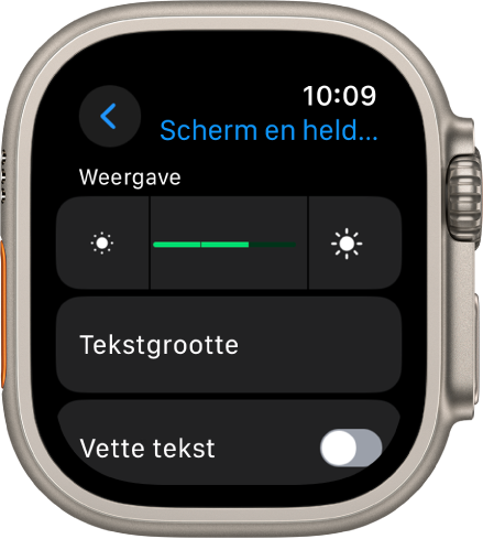 Het instellingenscherm 'Scherm en helderheid' op de Apple Watch, met bovenin de schuifknop 'Helderheid' en daaronder de knop 'Tekstgrootte'.