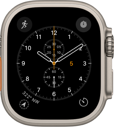 De wijzerplaat Chronograaf, waarvan je de wijzerplaatkleur en het detailniveau van de klok kunt aanpassen. Er worden vier complicaties weergegeven: linksboven Work-out, rechtsboven Stopwatch, linksonder Kompas en rechtsonder Timer.