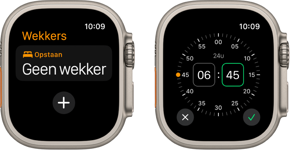Twee Apple Watch-schermen waarin te zien is hoe je een wekker instelt: Tik op 'Nieuwe wekker', tik op 'a.m.' of 'p.m.' (indien aanwezig), draai de Digital Crown om het tijdstip aan te passen en tik op de knop met het vinkje.
