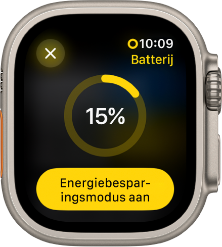 Het scherm van de energiebesparingsmodus, met een gedeeltelijk gele ring waarmee de resterende batterijlading wordt aangegeven. In het midden van de ring staat '15%'. Onderin staat de knop 'Energiebesparingsmodus aan'. Linksbovenin staat de sluitknop.