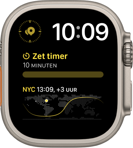 De wijzerplaat Modulair Duo, met rechtsbovenin een digitale klok en drie complicaties: linksboven Routepunten kompas, in het midden Timers en onderin Wereldtijd.