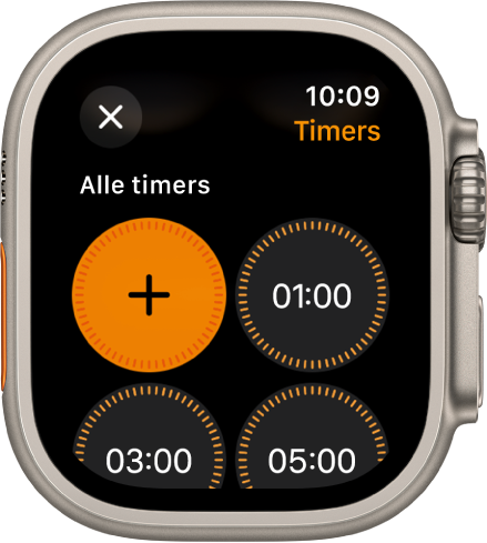 Het scherm van de Timer-app, met de knop met het plusteken om een nieuwe timer aan te maken en timers voor 1, 3 of 5 minuten.