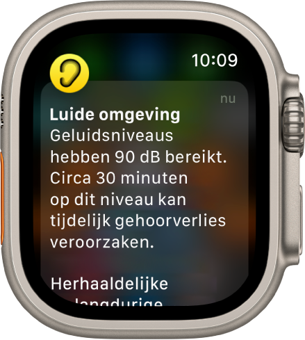 Apple Watch met een geluidsmelding. Het symbool van de app waar de melding bij hoort, verschijnt linksbovenin. Tik erop om de app te openen.