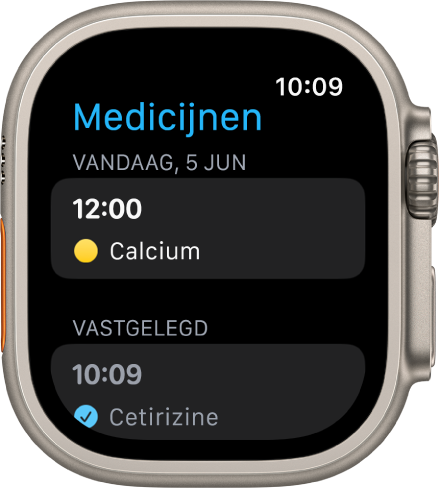 Het Medicijnen-scherm met een medicijn dat om 12:00 uur moet worden ingenomen en een vastgelegd medicijn.