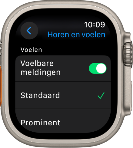 Instellingen voor horen en voelen op de Apple Watch, met de schakelaar 'Voelbare meldingen' en daaronder de opties 'Standaard' en 'Prominent'.