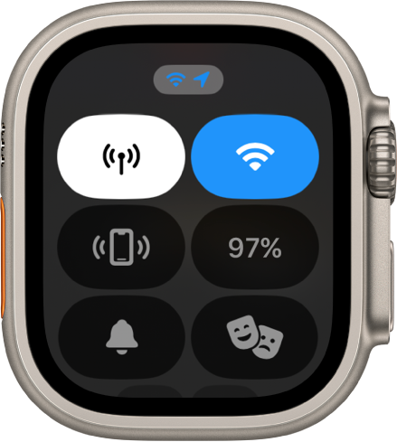 Het bedieningspaneel met zes knoppen: de mobielnetwerkknop, de wifiknop, de knop 'Stuur signaal naar iPhone', de batterijknop, de knop 'Stille modus' en de theatermodusknop. De wifiknop en de mobielnetwerkknop zijn gemarkeerd.