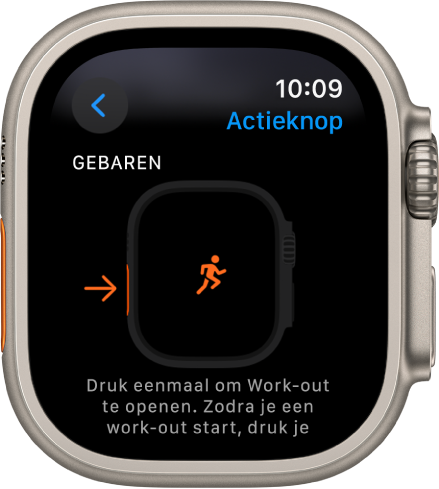 Het scherm 'Actieknop' op de Apple Watch Ultra, waarop 'Work-out' als de toegewezen actie en app wordt weergegeven. Als je één keer op de actieknop drukt, wordt de Work-out-app geopend.