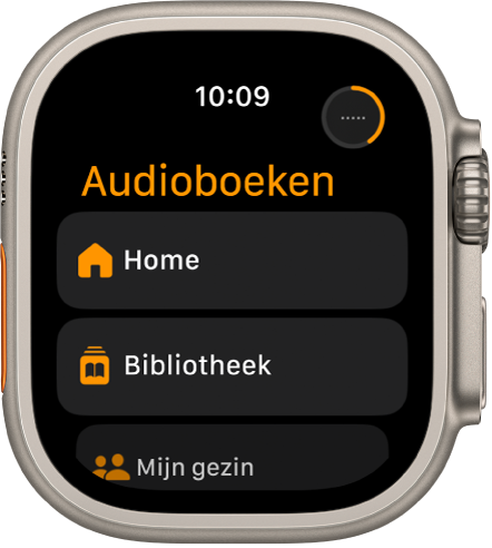 De Audioboeken-app, met de knoppen 'Home', 'Bibliotheek' en 'Mijn gezin'.