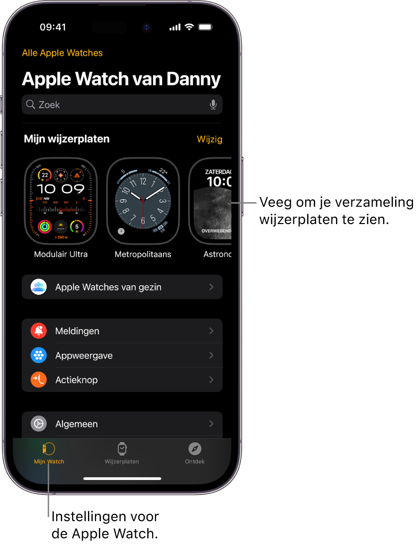 De Apple Watch-app op de iPhone waarin het scherm 'Mijn Watch' is geopend, met bovenin de wijzerplaten en onderin de instellingen. Onder in het scherm van de Apple Watch-app staan drie tabbladen: links 'Mijn Watch', waar je de Apple Watch kunt instellen; daarnaast 'Wijzerplaten', waarmee je de beschikbare wijzerplaten en complicaties kunt bekijken; en daarnaast 'Ontdek', waar je meer informatie over je Apple Watch vindt.