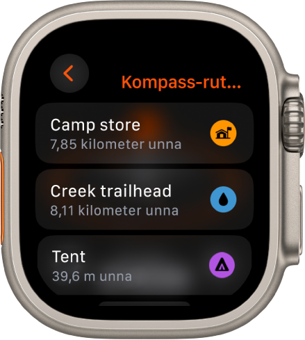 Kompass-appen som viser en liste over rutepunkter.