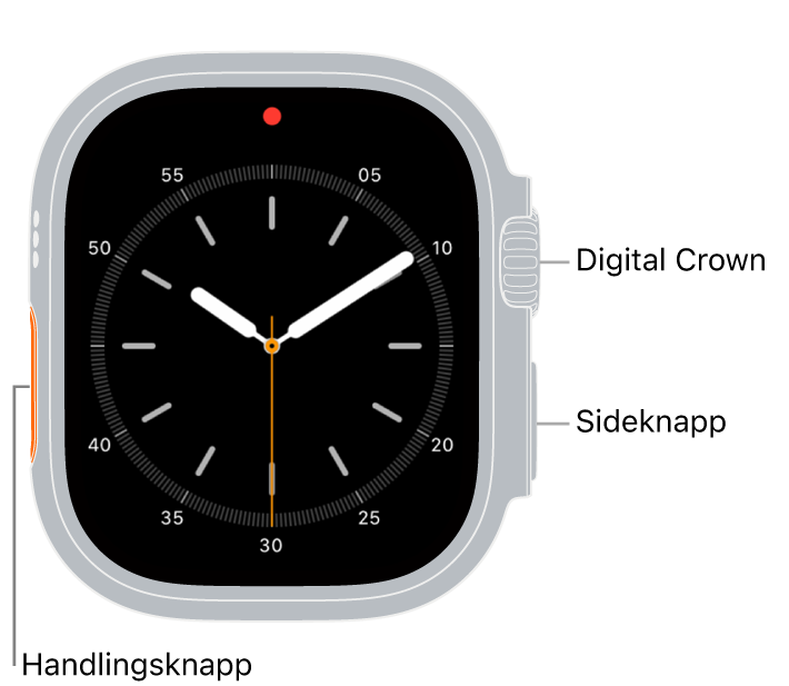 Forsiden av Apple Watch Ultra, der skjermen viser urskiven og Digital Crown, mikrofonen og sideknappen fra øverst til nederst på siden av klokken.