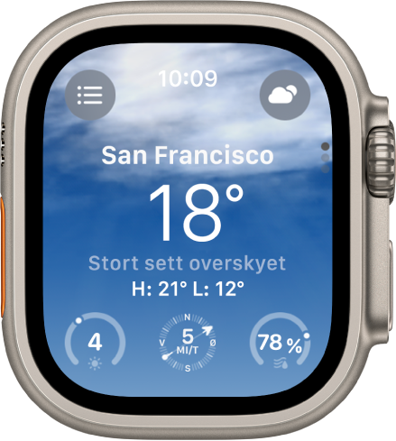 Været-appen som viser en oversikt over dagens vær. Navnet på stedet vises med nåværende temperatur under. Tre knapper er nederst – UV-indeks, Vindhastighet og Nedbør. Stedsliste-knappen er øverst til venstre, og Værforhold-knappen er øverst til høyre.