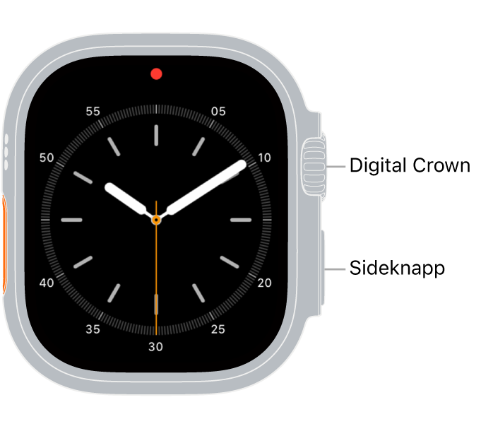 Forsiden av Apple Watch Ultra, der Digital Crown vises øverst på høyre side av klokken og sideknappen vises nederst på høyre side.