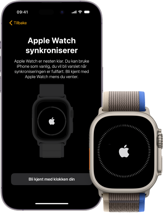 En iPhone og Apple Watch Ultra ved siden av hverandre. iPhone-skjermen viser «Apple Watch synkroniserer». Apple Watch Ultra viser synkroniseringsframdrift.