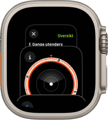 Appveksleren viser Kompass-appen. Skru på Digital Crown for å se flere apper. Trykk på en for å åpne den.