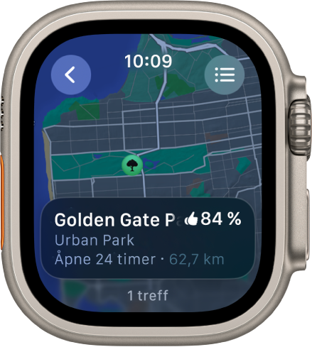 Kart-appen som viser et kart over Golden Gate Park i San Francisco, med en vurdering av parken, åpningstidene samt distansen fra der du er. En Ruter-knapp vises øverst til høyre. En Tilbake-knapp vises øverst til venstre.