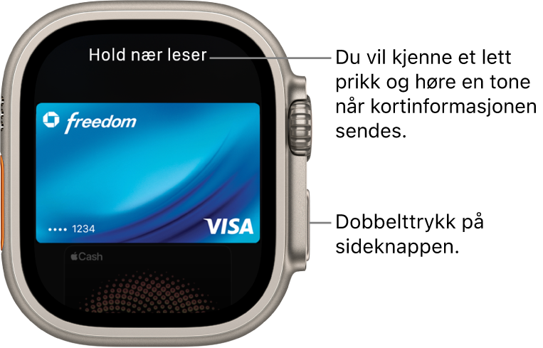 Apple Pay-skjerm med «Hold nær leser» øverst. Et lett prikk og et pip bekrefter at betalingsinformasjonen er sendt.