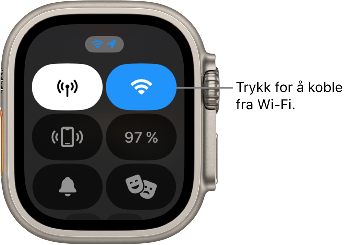 Kontrollsenter på Apple Watch Ultra, med Wi-Fi-knappen øverst til høyre. Forklaring med teksten «Trykk for å koble fra Wi-Fi».
