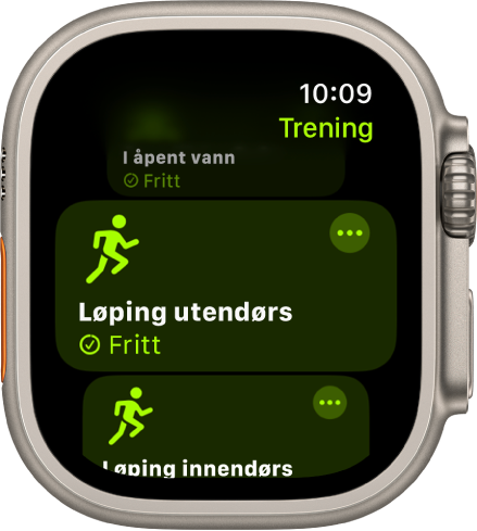 Trening-skjermen, med Løping utendørs markert. En Mer-knapp vises øverst til høyre for treningsøkt-ruten.