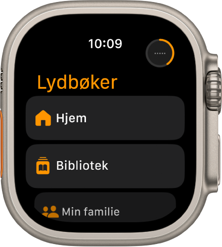 Lydbøker-appen som viser knappene Hjem, Bibliotek og Min familie.