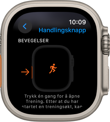 Handlingsknapp-skjermen på Apple Watch Ultra som viser Trening som tilordnet handling og app. Ett trykk på handlingsknappen åpner Trening-appen.