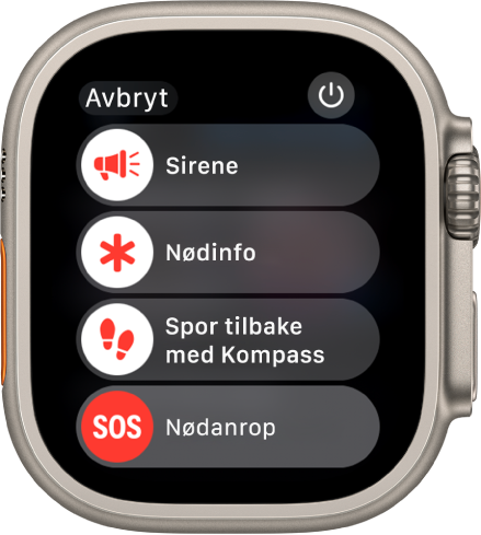 Apple Watch-skjermen med fire skyveknapper: Sirene, Nødinfo, Spor tilbake med Kompass og Nødanrop. Slå av-knappen vises øverst til høyre.