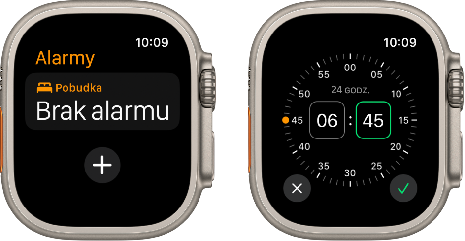 Dwa ekrany Apple Watch ilustrujące proces dodawania alarmu: Stuknij w Dodaj alarm, stuknij w AM lub PM (jeśli używasz formatu 12‑godzinnego), obróć Digital Crown, aby dostosować czas, a następnie stuknij w przycisk Gotowe.