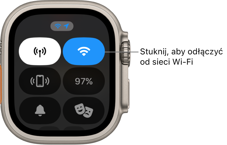 Centrum sterowania na Apple Watch z przyciskiem Wi‑Fi w prawym górnym rogu. Widoczny jest następujący opis: Stuknij, aby odłączyć się od sieci Wi‑Fi.