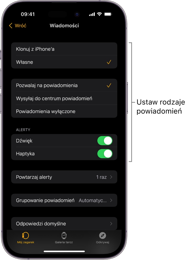 Ustawienia wiadomości w aplikacji Apple Watch na iPhonie. Możesz włączać pokazywanie alertów, włączać dźwięk, haptykę oraz powtarzanie alertów.