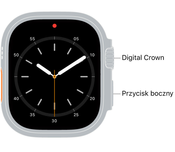 Apple Watch Ultra widziany z przodu. Digital Crown znajduje się u góry po prawej stronie zegarka, a przycisk boczny — na dole po prawej.