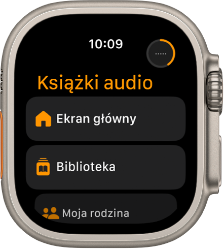Aplikacja Książki audio wyświetlająca przyciski Ekran główny, Biblioteka oraz Moja rodzina.
