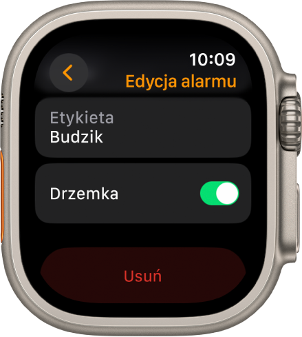 Ekran edycji alarmu ze znajdującym się na dole przyciskiem Usuń.