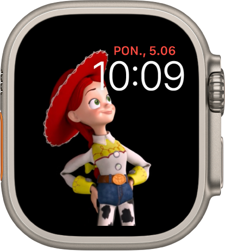 Tarcza toj story pokazująca dzień, datę i godzinę w prawym górnym rogu ekranu, a na środku animowaną postać dżesi.