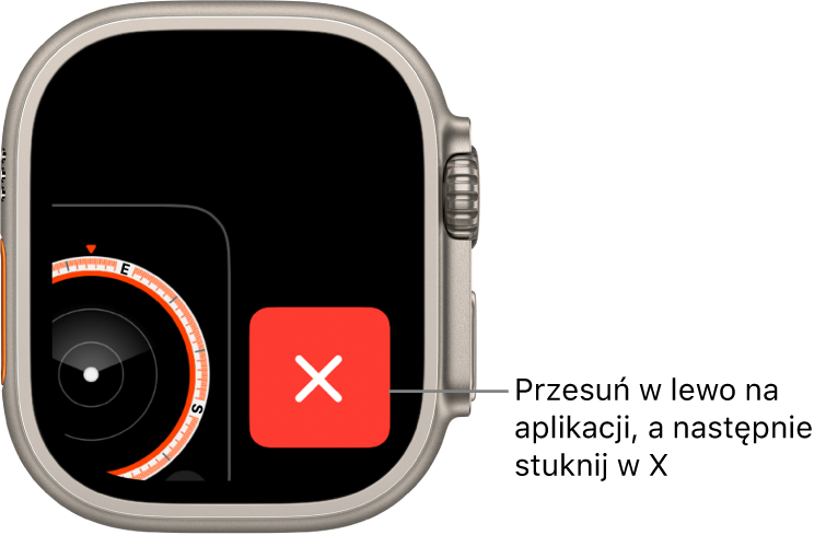 Ekran przełączania aplikacji wyświetlający duży znak X po prawej oraz fragment aplikacji po lewej. Stuknij w X, aby usunąć daną aplikację z ekranu przełączania aplikacji.