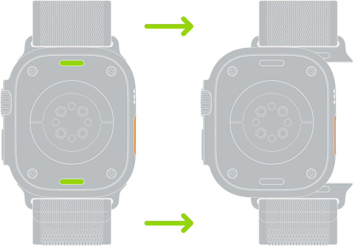 Dwie ilustracje przedstawiające Apple Watch. Ilustracja po lewej przedstawia przycisk zwalniania paska. Ilustracja po prawej przedstawia pasek częściowo wsunięty do szczeliny.