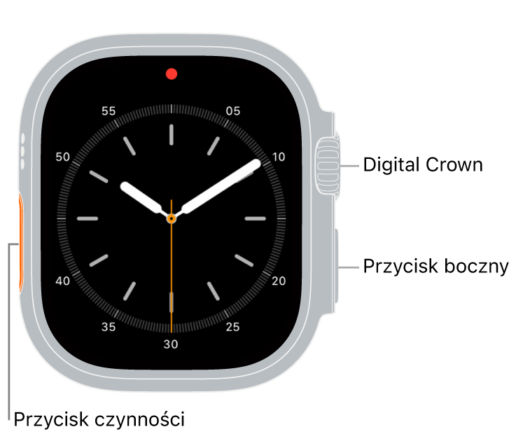 Apple Watch Ultra widziany z przodu. Na ekranie wyświetlana jest tarcza zegarka. Z boku, od góry, znajdują się: Digital Crown, mikrofon oraz przycisk boczny.