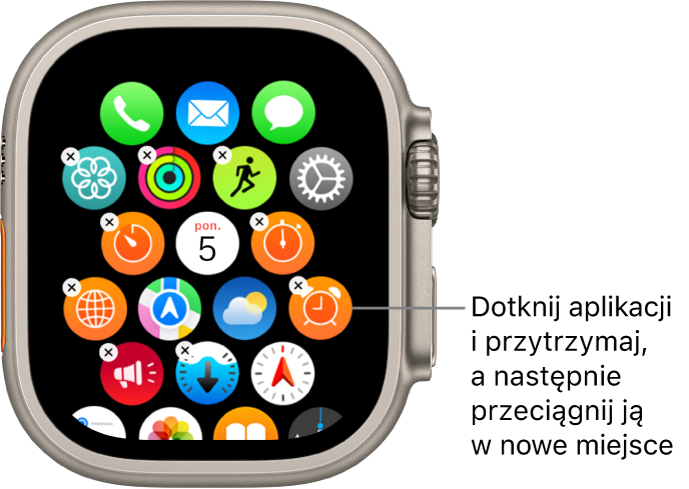 Ekran początkowy Apple Watch w widoku siatki.