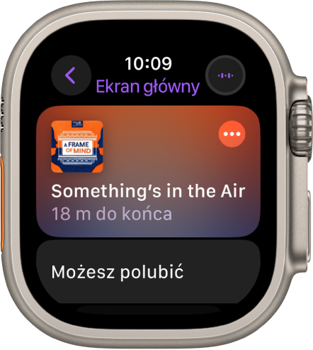 Aplikacja Podcasty na Apple Watch wyświetlająca ekran główny z grafiką podcastu. Stuknij w grafikę, aby włączyć odtwarzanie odcinka.