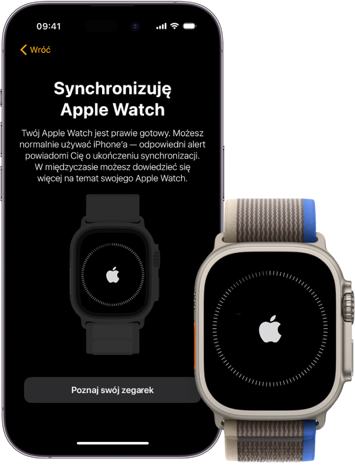 iPhone oraz Apple Watch Ultra. Na ekranie iPhone’a widoczna jest informacja „Synchronizuję Apple Watch”. Apple Watch Ultra wyświetla postęp synchronizacji.