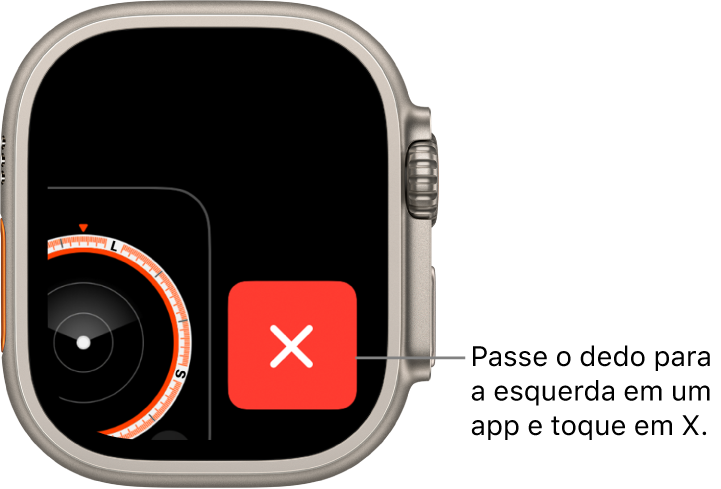 Seletor de Apps mostrando um X grande à direita e uma parte de um app à esquerda. Toque no X para remover o app do Seletor de Apps.