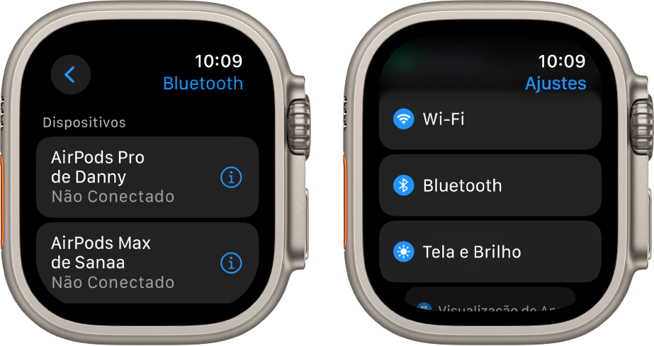 Duas telas lado a lado. À esquerda está uma tela que lista dois dispositivos Bluetooth disponíveis: AirPods Pro e AirPods Max, embora nenhum dos dois esteja conectado. À direita, a tela Ajustes, mostrando os botões Wi‑Fi, Bluetooth, e Tela e Brilho em uma lista.