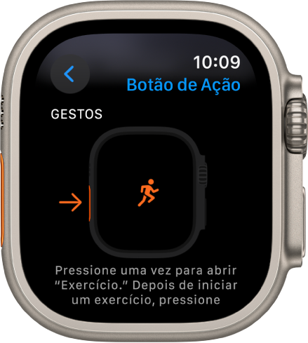 A tela do Botão de Ação no Apple Watch Ultra mostrando o app Exercício como ação e app atribuídos. Ao pressionar o botão de ação uma vez, o app Exercício é aberto.