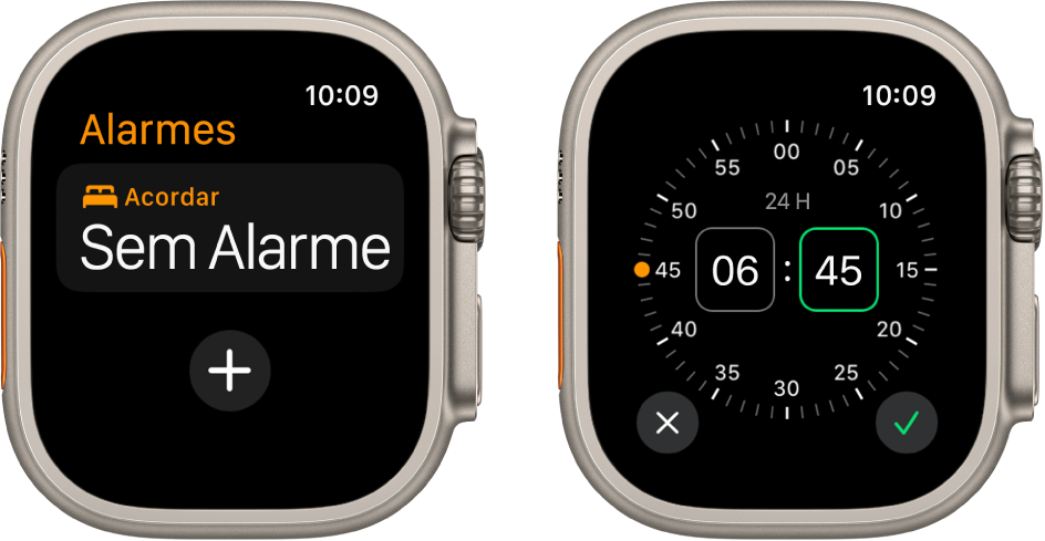 Duas telas de relógio mostrando o processo de adição de um alarme: toque em Adicionar Alarme, toque em AM ou PM, gire a Digital Crown para ajustar a hora e toque no botão verificar.